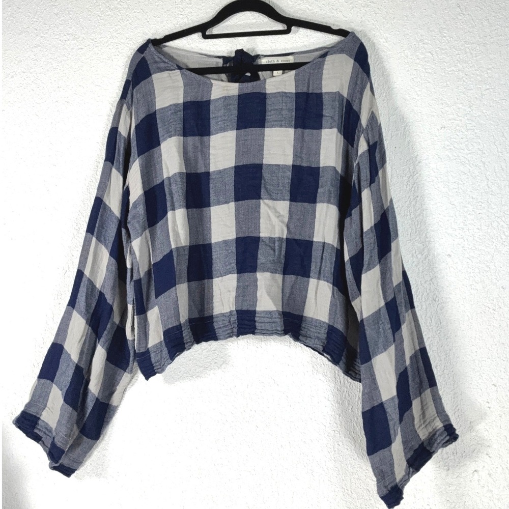 Cloth & Stone Navy Blue Plaid Blouse - L - Tie Back Cropped Boho Coastal Casual